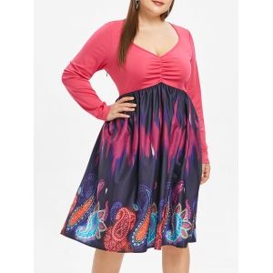

Plunge Plus Size Paisley Print A Line Dress, Rose red