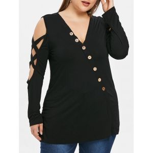 

Plus Size Buttoned Cold Shoulder T-shirt, Black