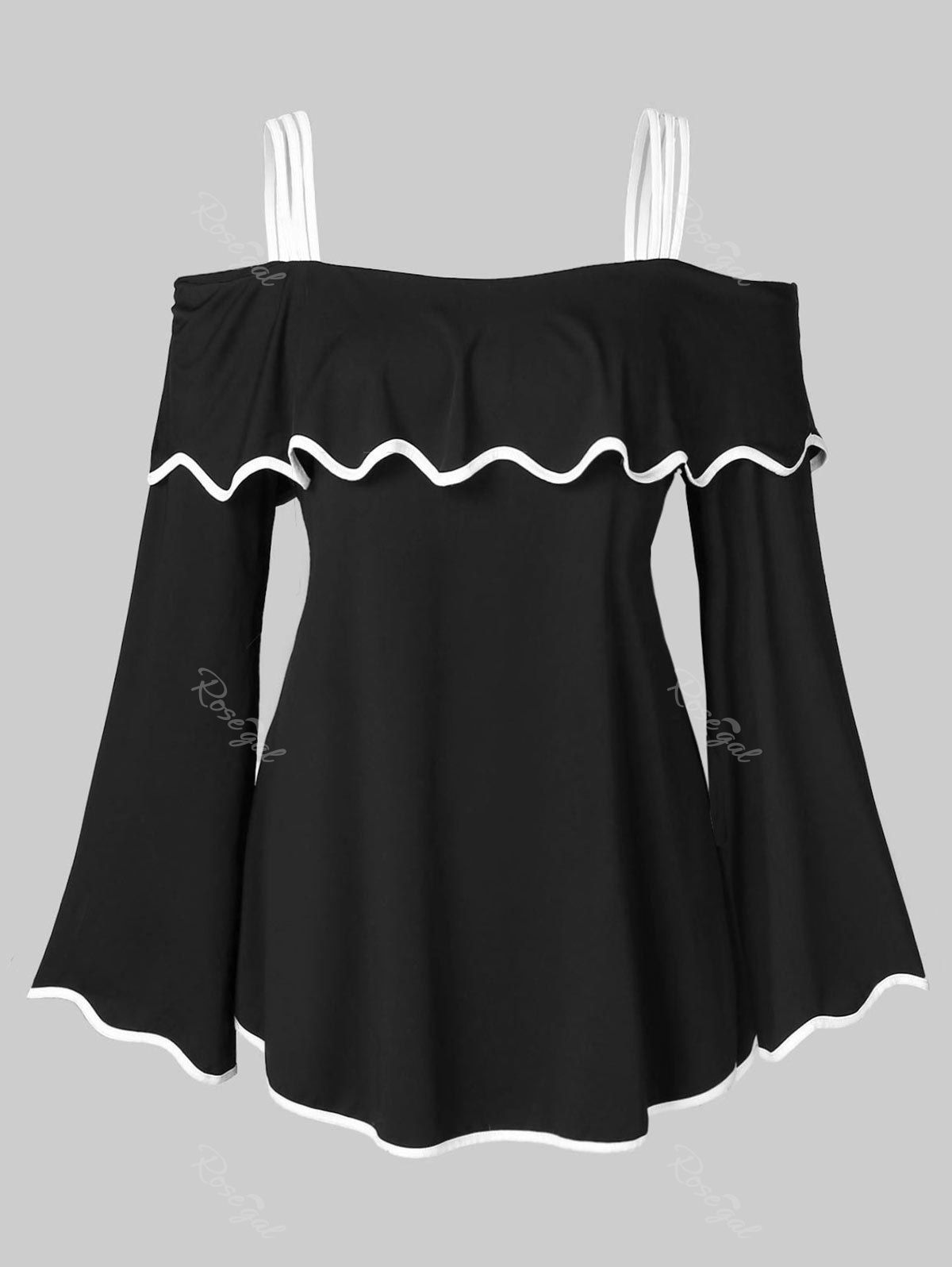 

Plus Size Hit Color Spaghetti Straps Flounce T-shirt, Black