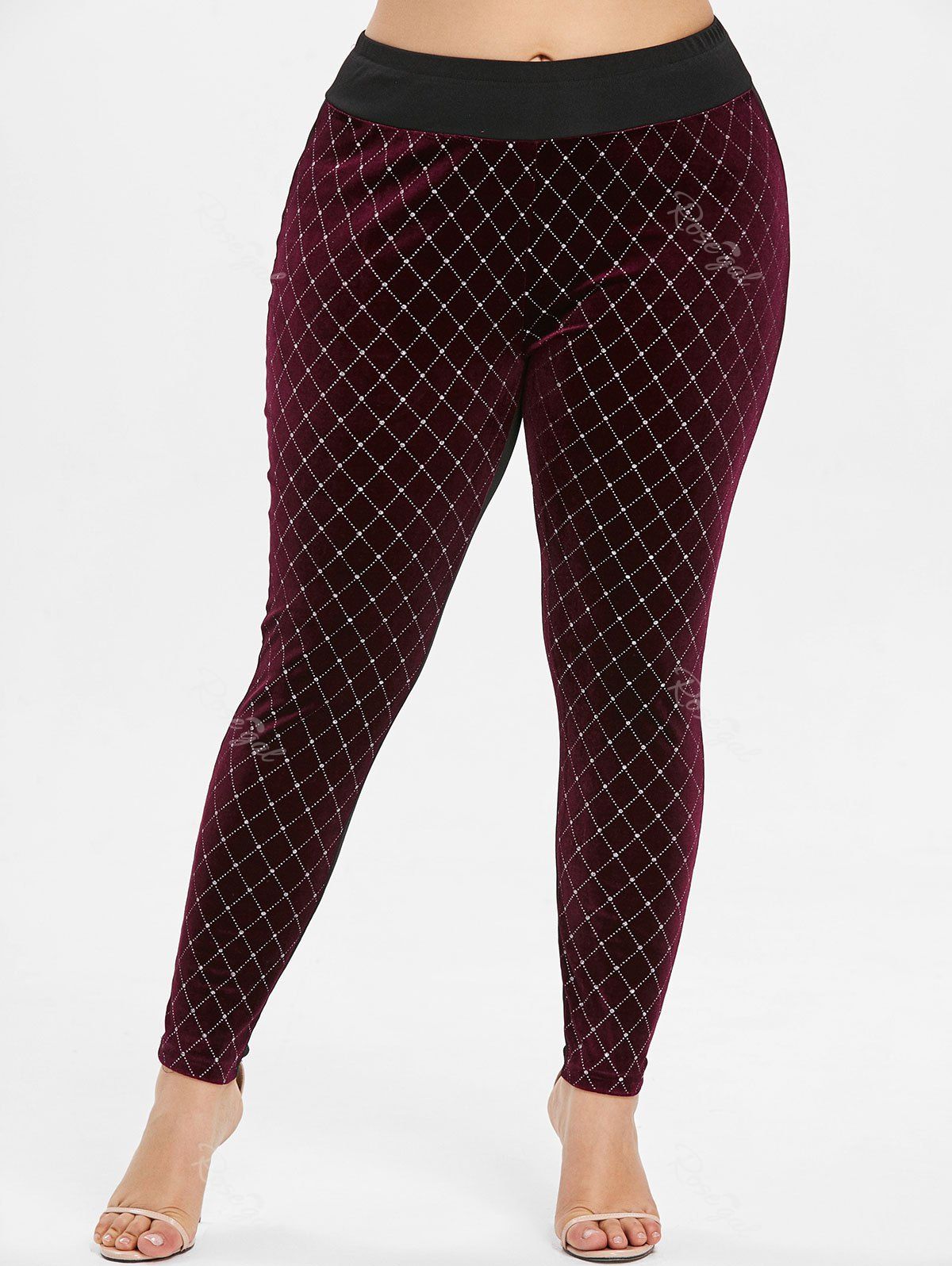 

Geometric Pattern Plus Size Velvet Panel Leggings, Black