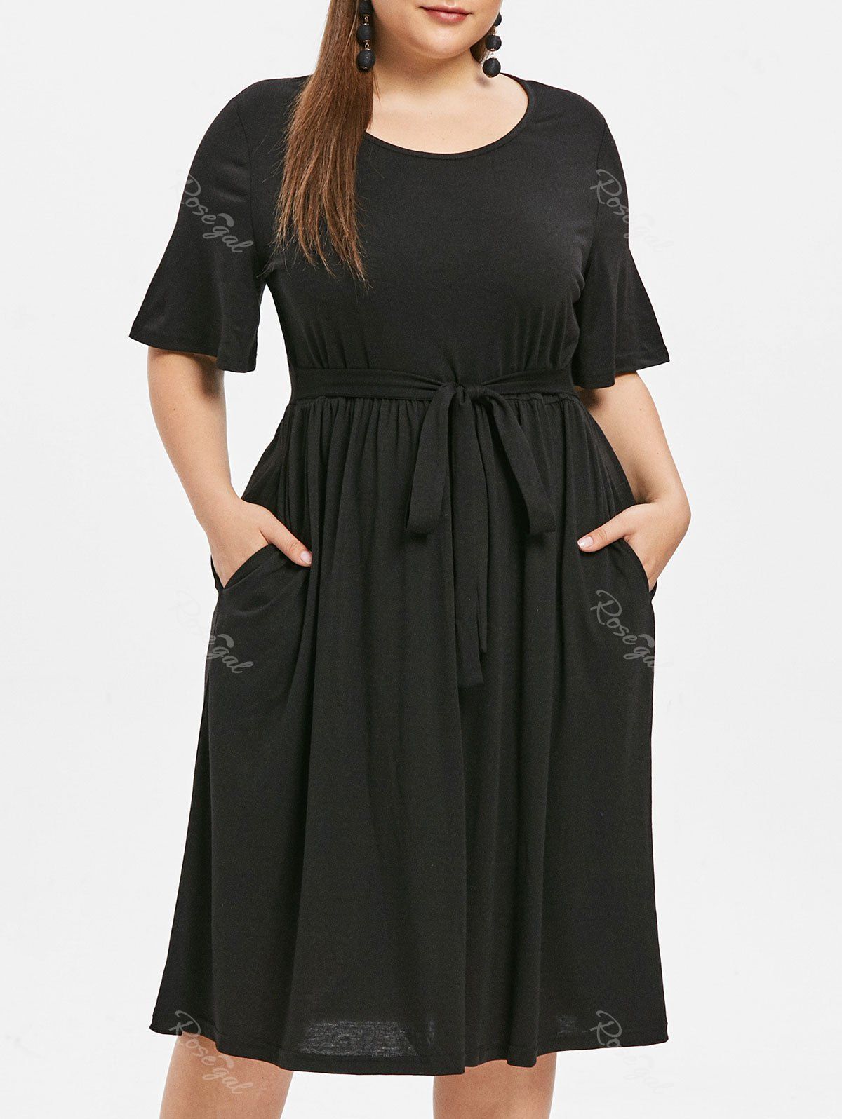 

Round Neck Plus Size Tied Front Mid Calf Dress, Black