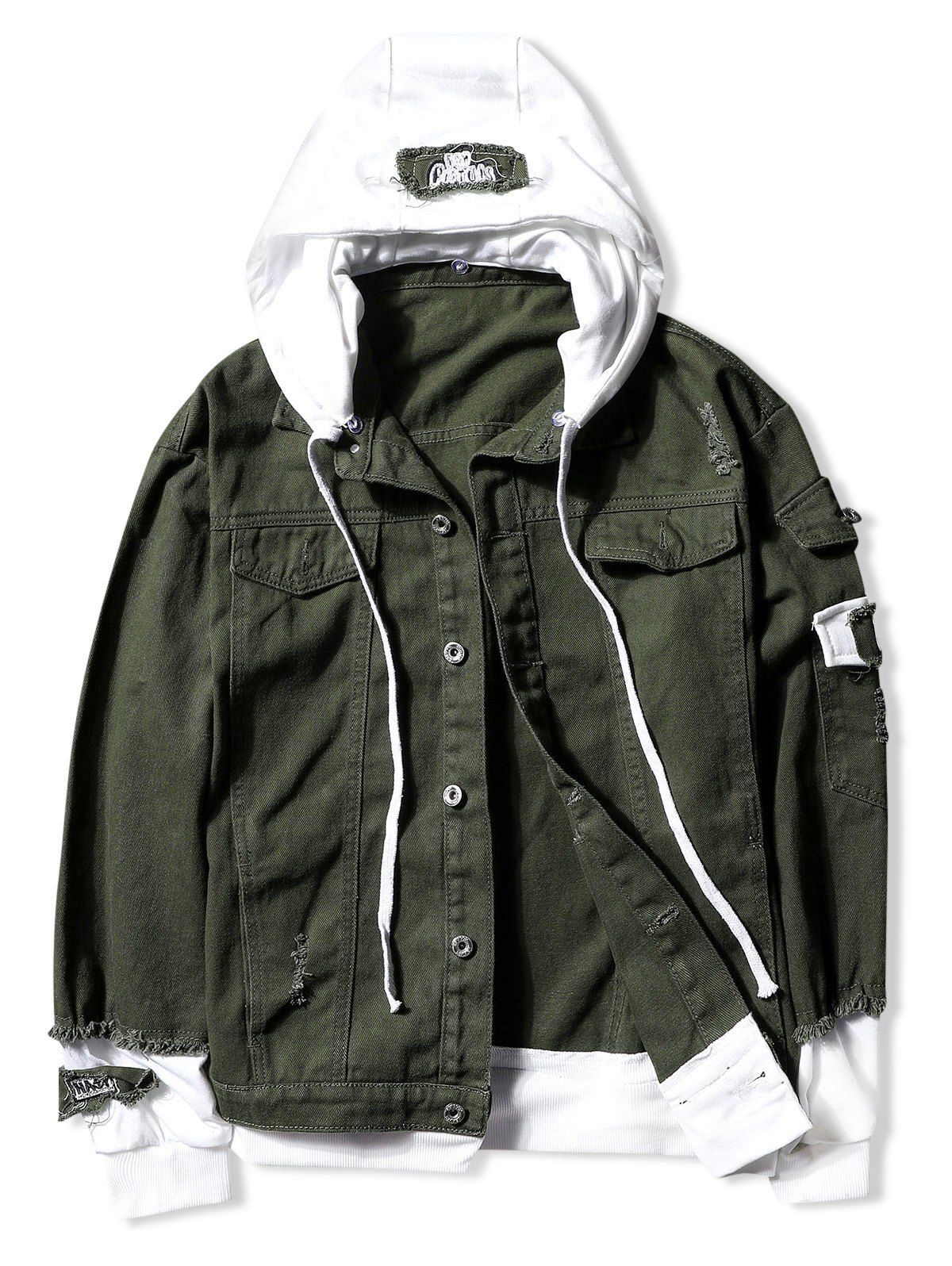 casual faux pocket ripped letter number applique hooded jacket