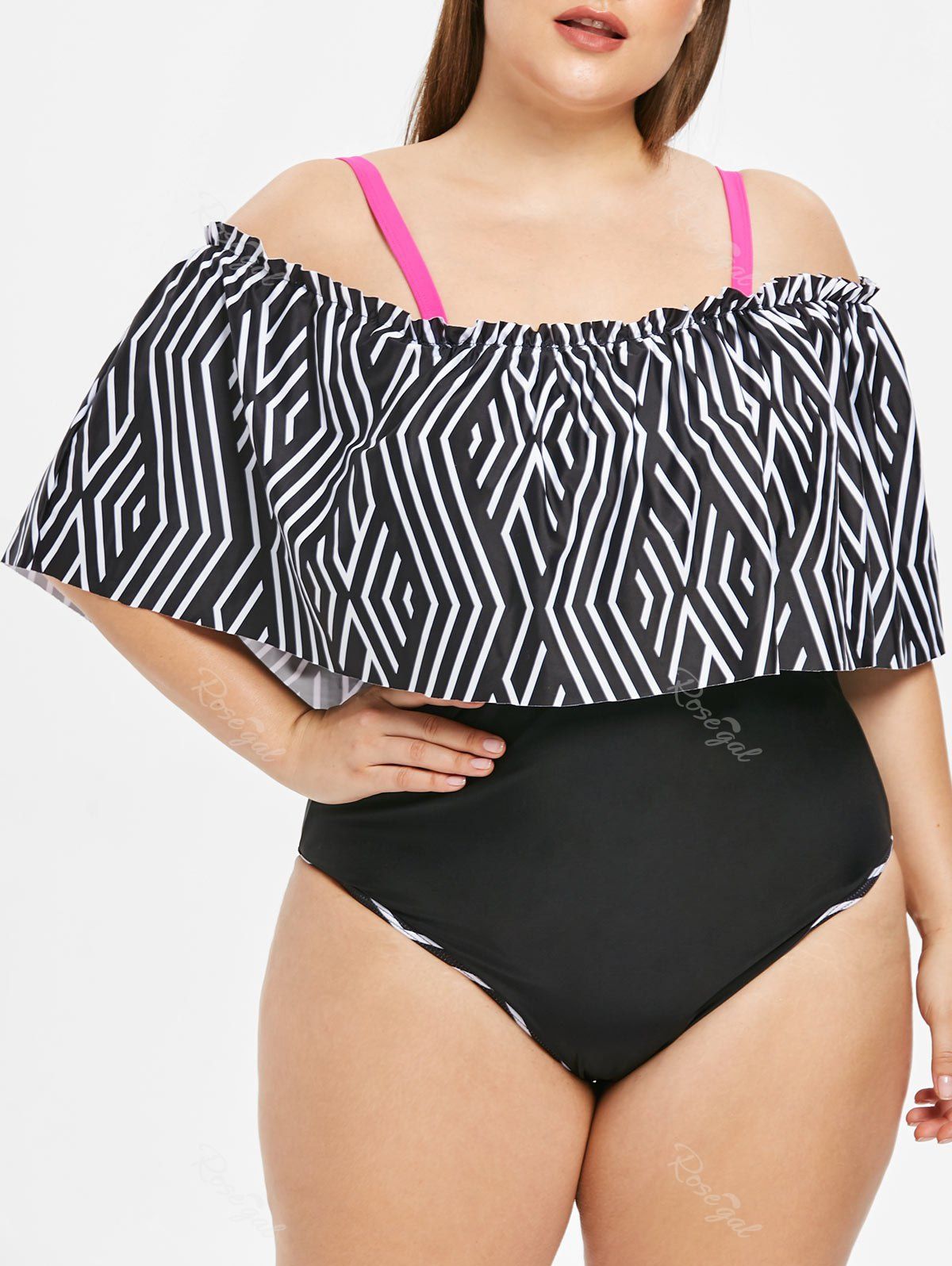 

Ruffle Panel Plus Size Geometric Pattern Swimwear, Black