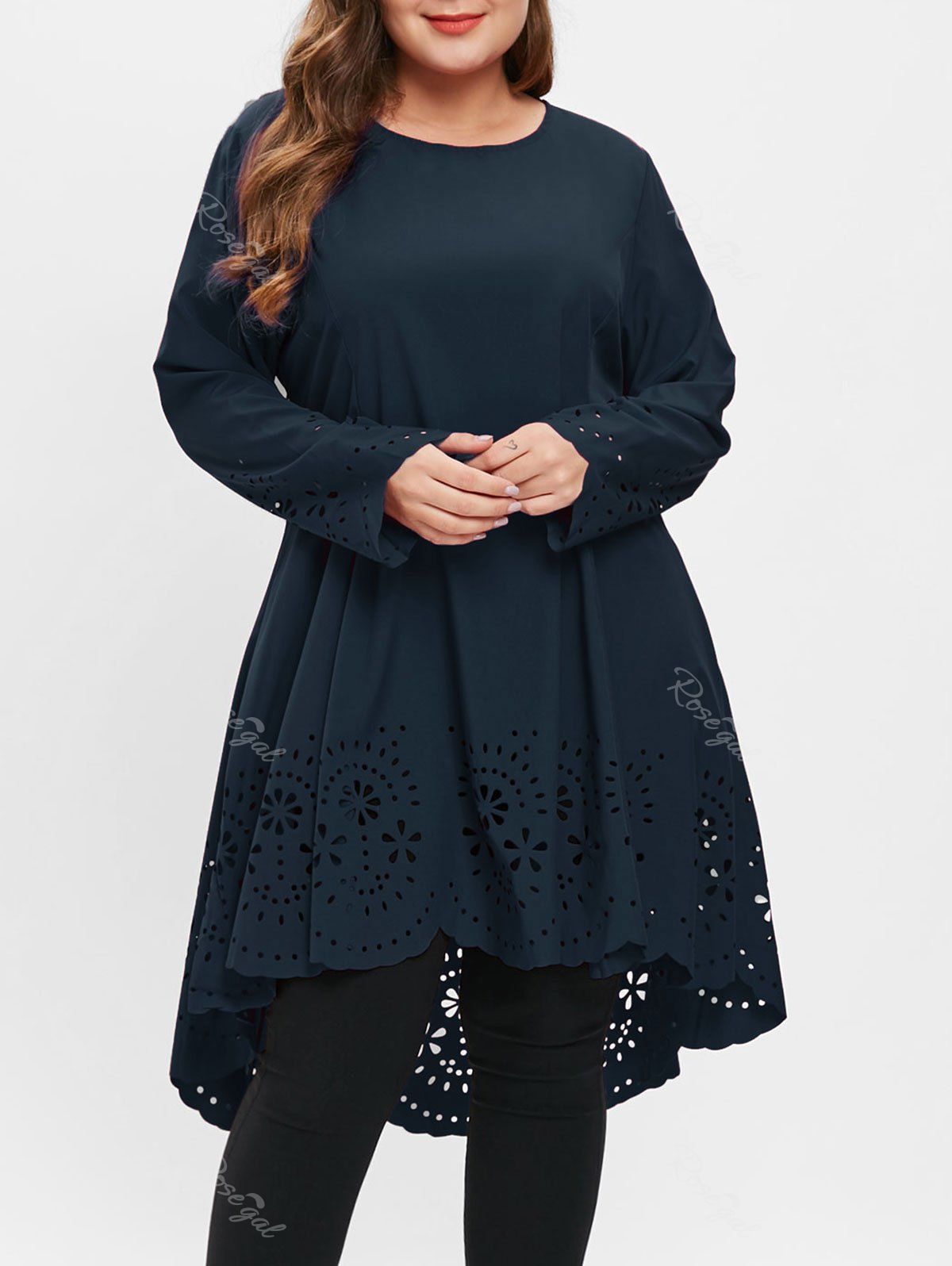 

Long Sleeve Plus Size Laser Cut Dress, Dark slate blue