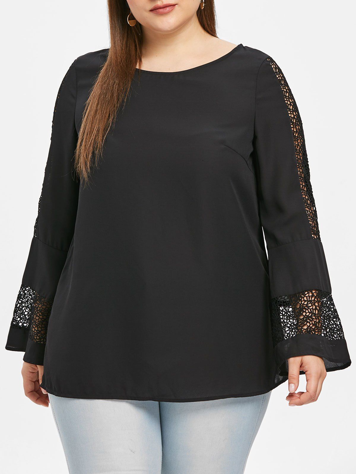 

Plus Size Lace Insert Bell Sleeve Blouse, Black