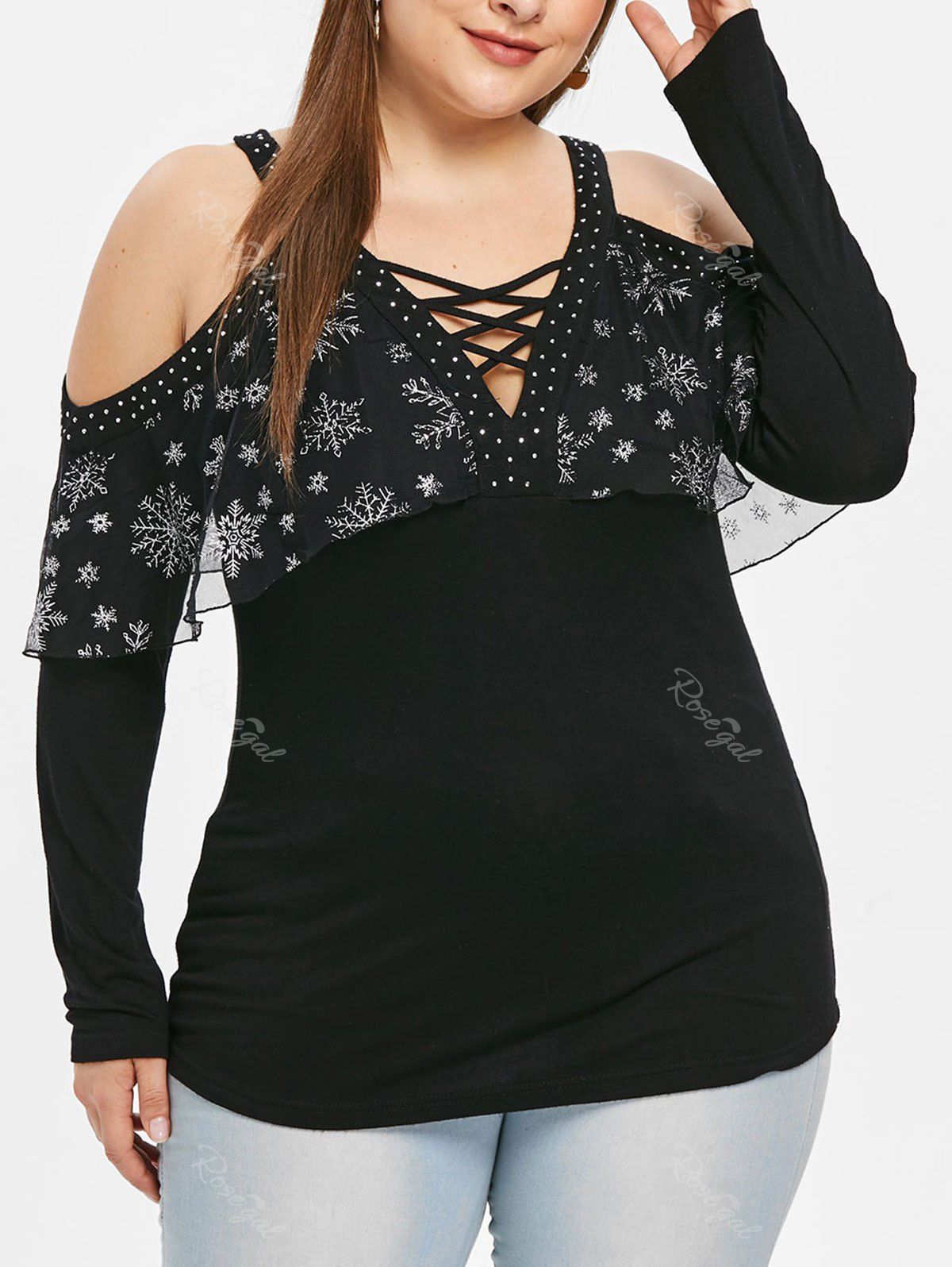 

Plus Size Criss Cross V Neck Cold Shoulder Snowflake Top, Black