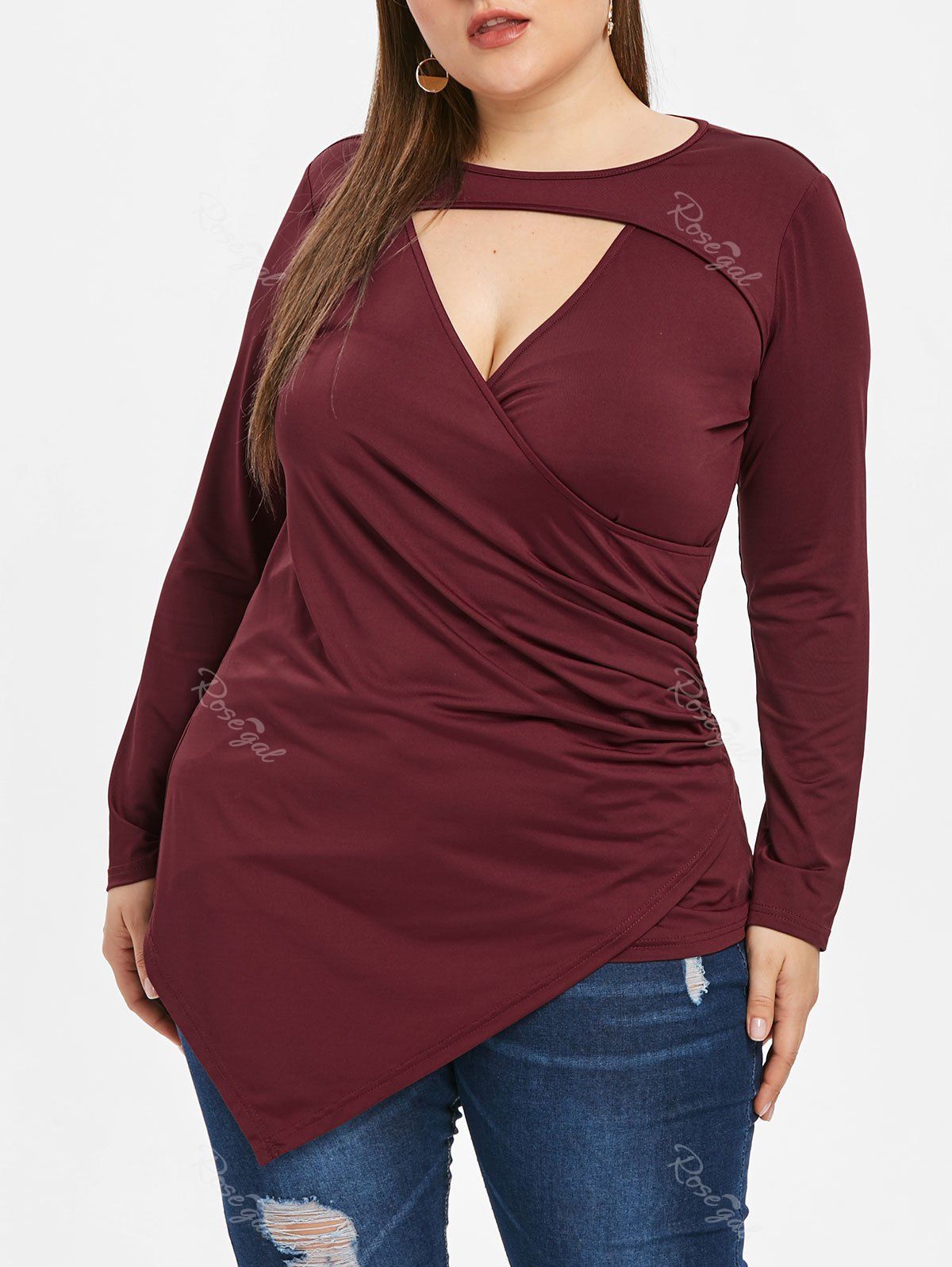

Plus Size Front Cut Out Asymmetrical T-shirt, Red wine