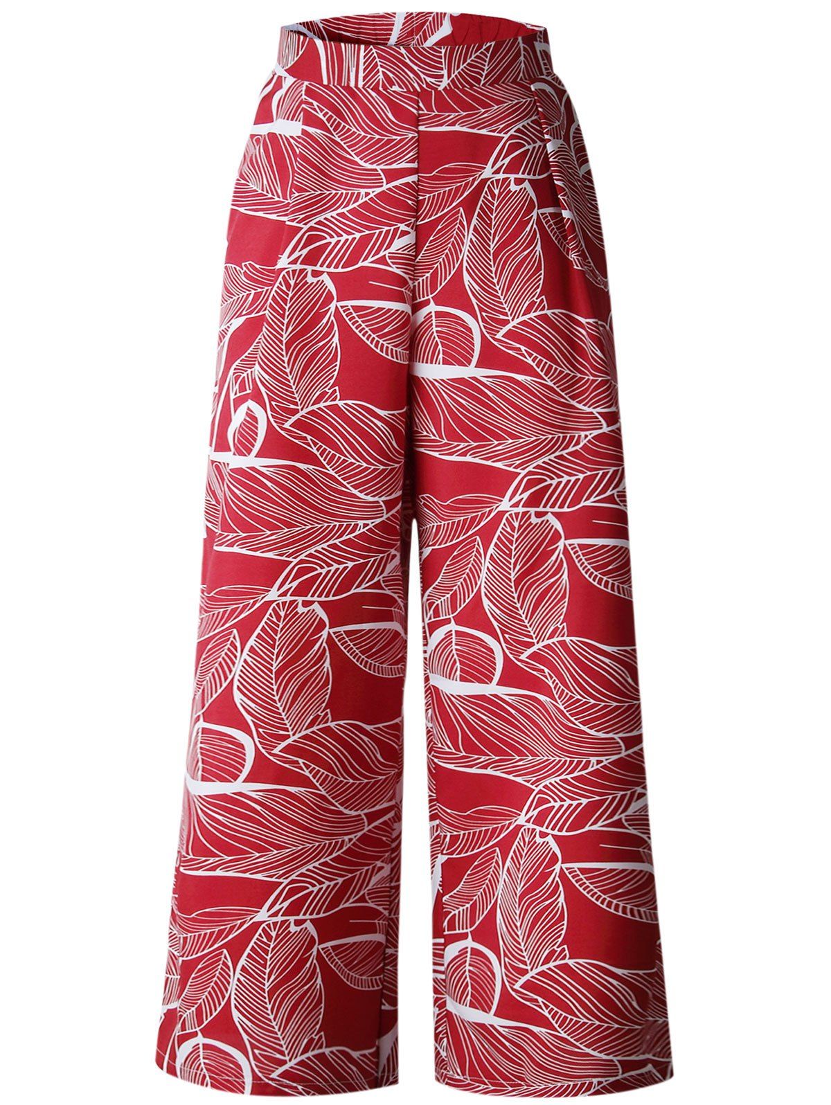 

High Waist Leaves Print Wide Leg Pants, Red