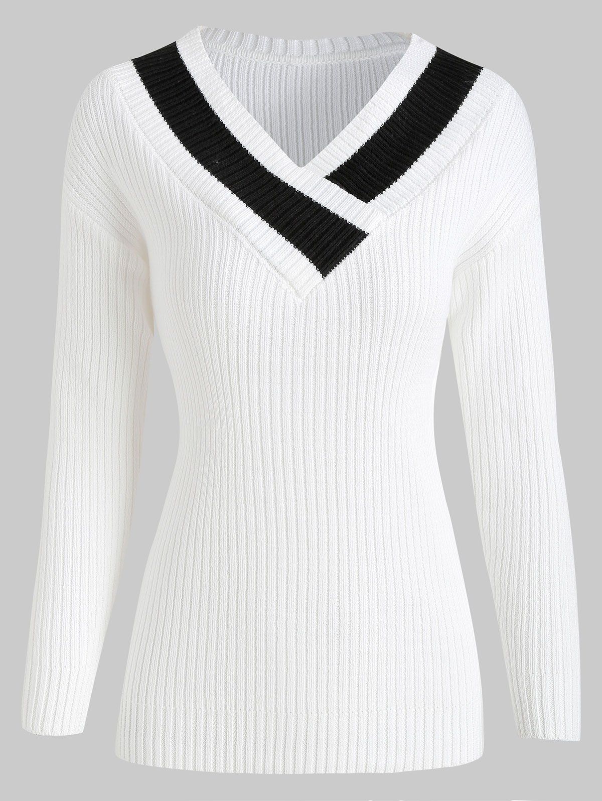 

Contrast Ribbed Pullover Sweater, White