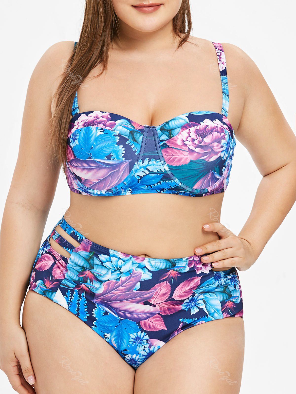 

Plus Size Floral Print High Waist Bikini Set, Multi