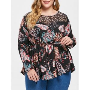 

Plus Size Drawstring Lace Insert Tropical Blouse, Black