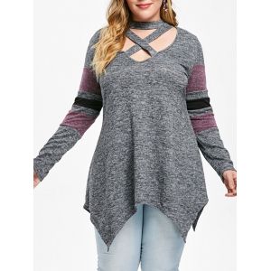 

Plus Size Keyhole Striped Sleeve Handkerchief T-shirt, Gray