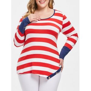 

Plus Size Scoop Neck Stripe Buttons Long Sleeves Tee, Red