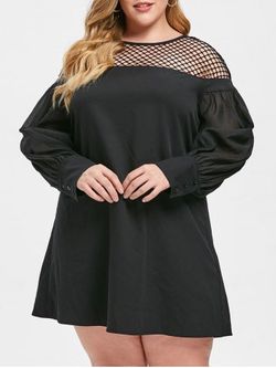 Plus Size Puff Sleeve Fishnet Panel Mini Dress - BLACK - L