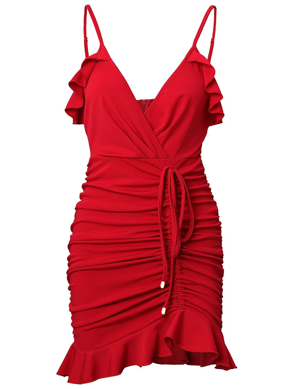 

Mini Ruched Ruffled Cami Dress, Red
