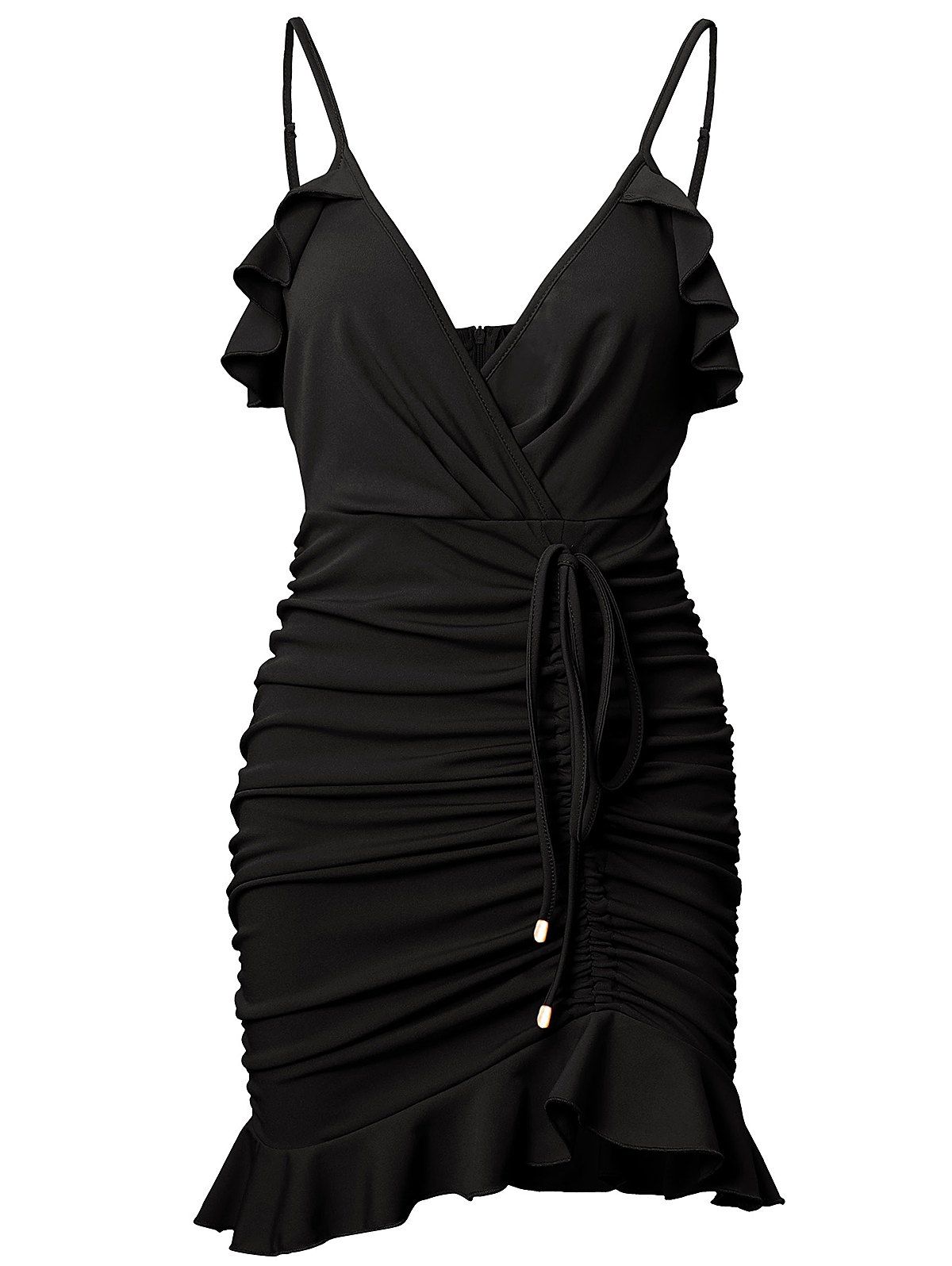 

Mini Ruched Ruffled Cami Dress, Black