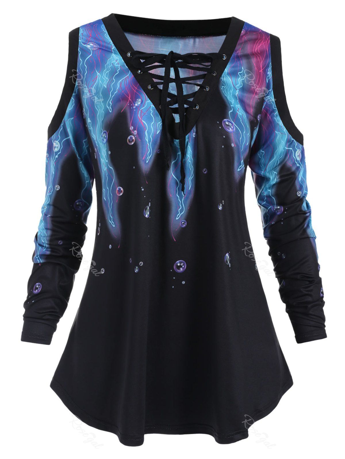 

Lace Up Printed Plus Size T-shirt, Black
