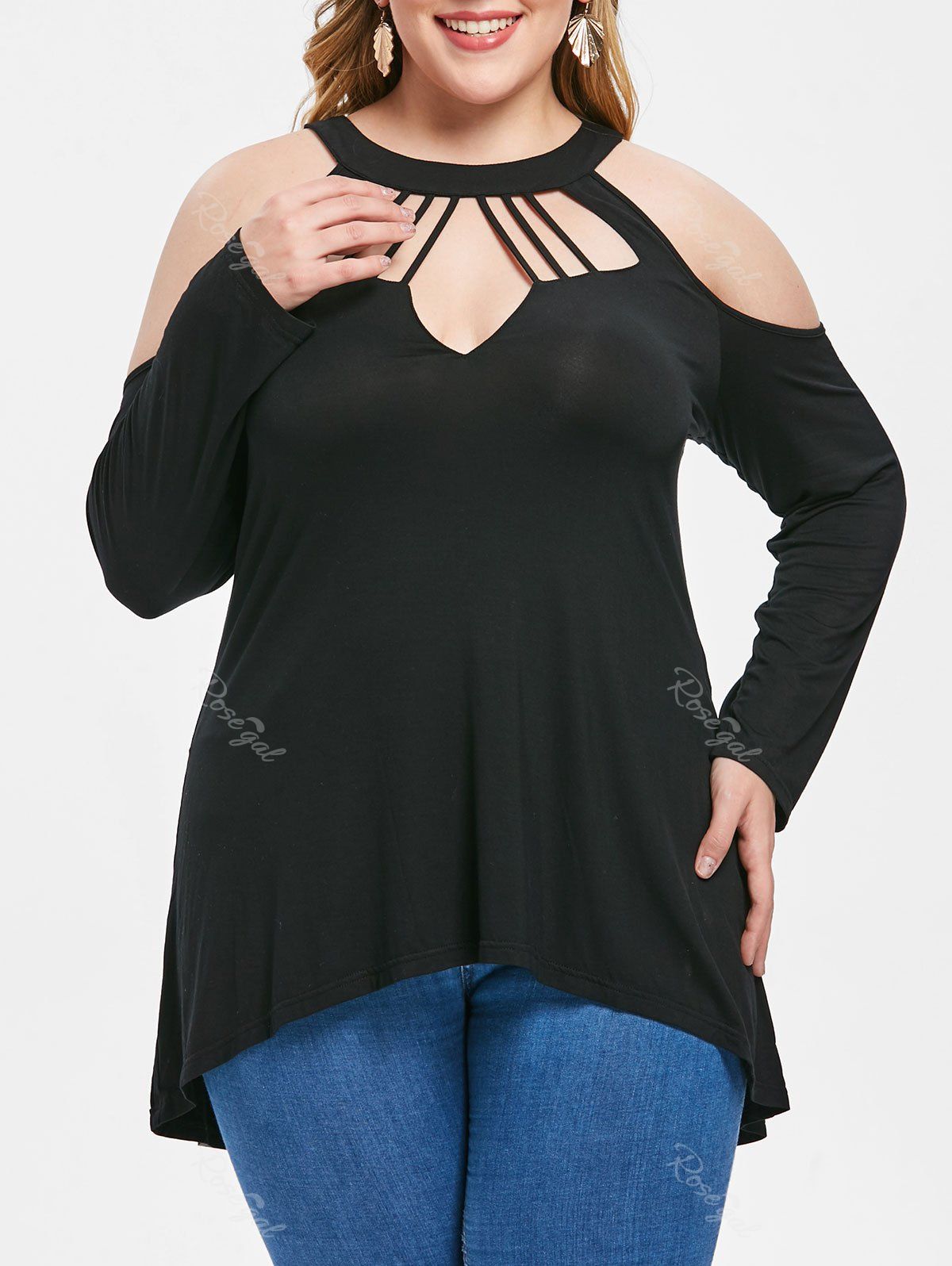 

Plus Size Keyhole Off Shoulder Asymmetrical Long Sleeve T-shirt, Black