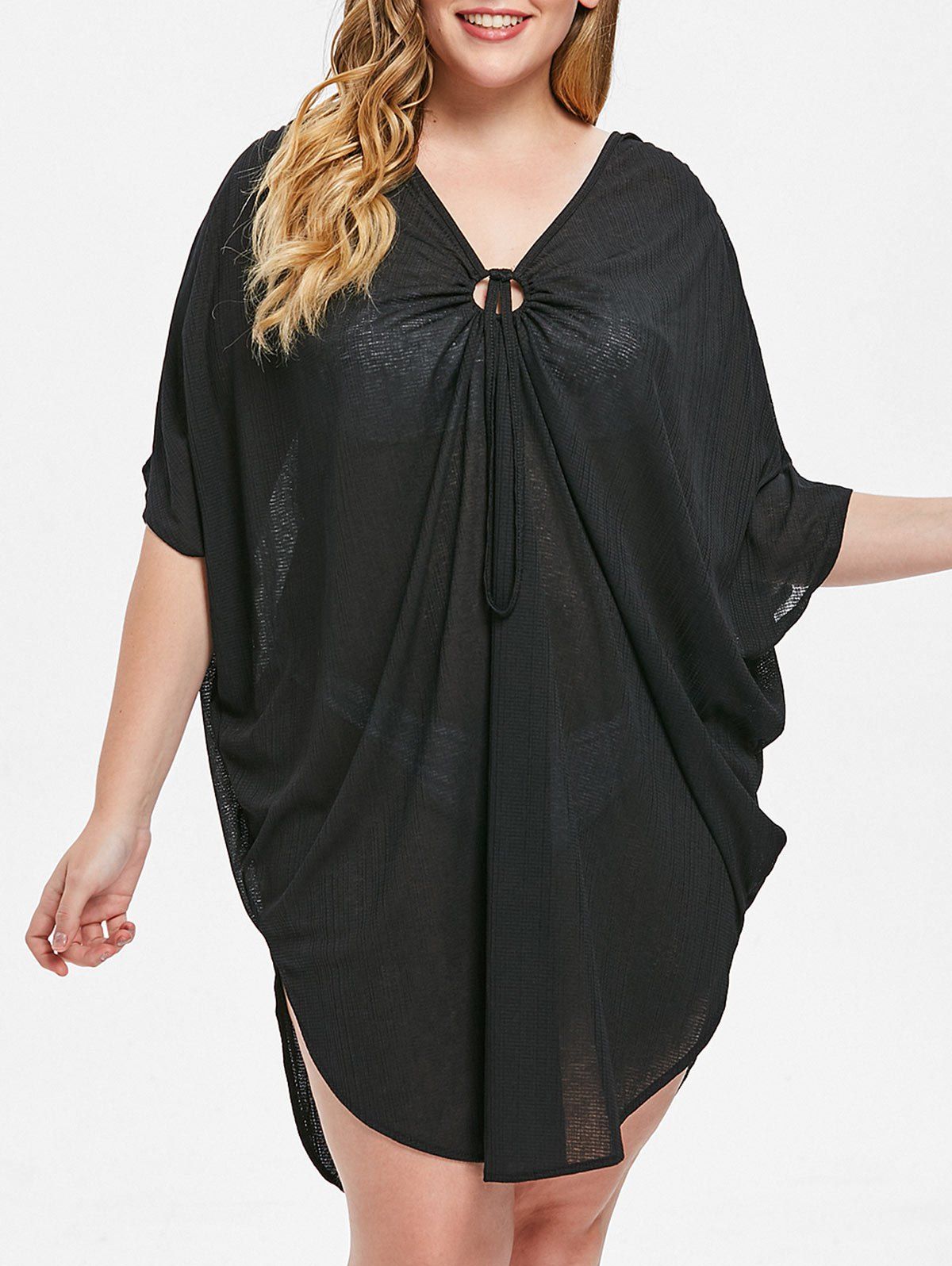 

O Ring Embellished Plus Size See Through Cover Up, Black