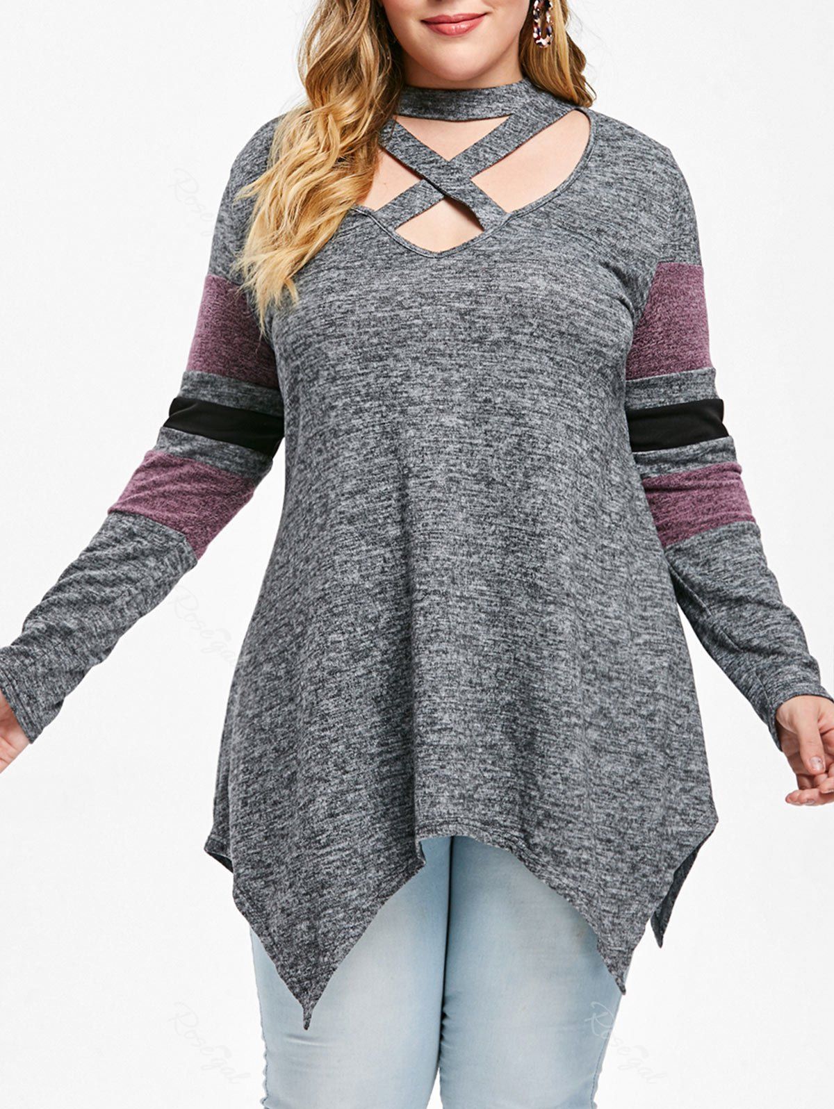 

Plus Size Keyhole Striped Sleeve Handkerchief T-shirt, Gray