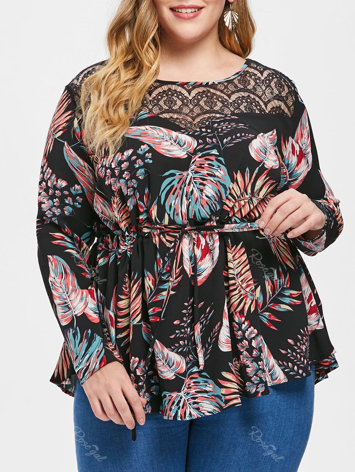 

Plus Size Drawstring Lace Insert Tropical Blouse, Black