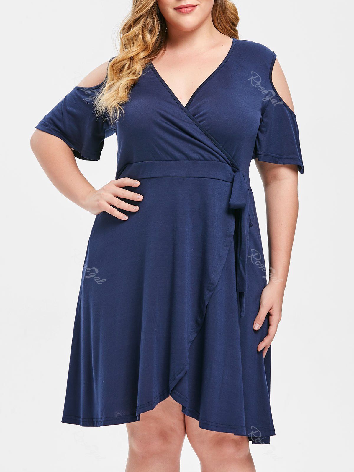 

Plus Size Open Shoulder Plunge Fit and Flare Dress, Deep blue