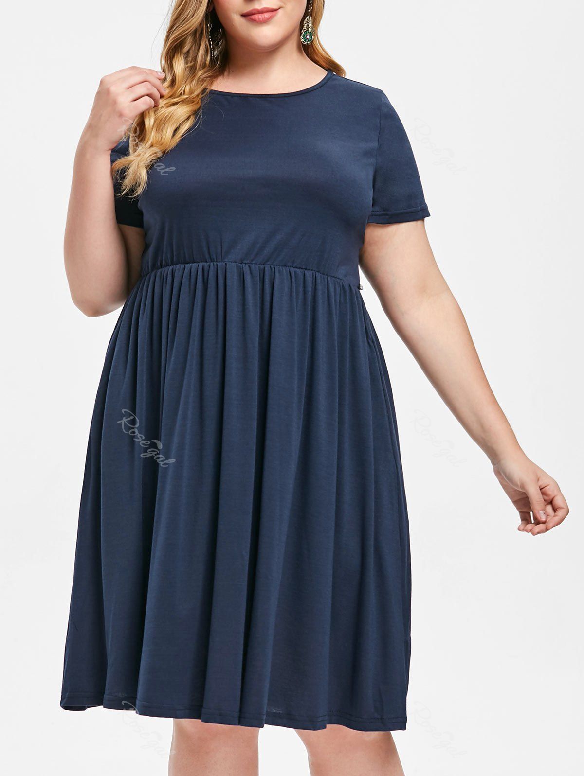 

Plus Size Short Sleeve Elastic Waist Dress, Deep blue