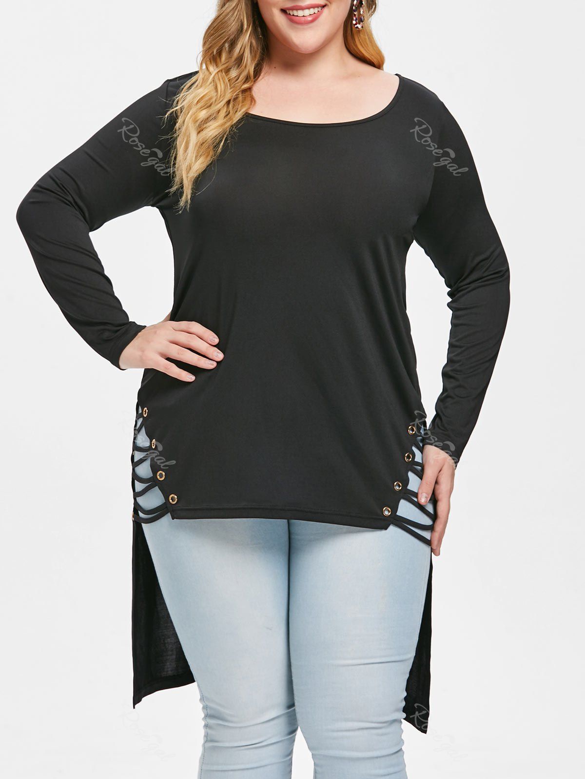 

Side Criss Cross Plus Size High Low T-shirt, Black