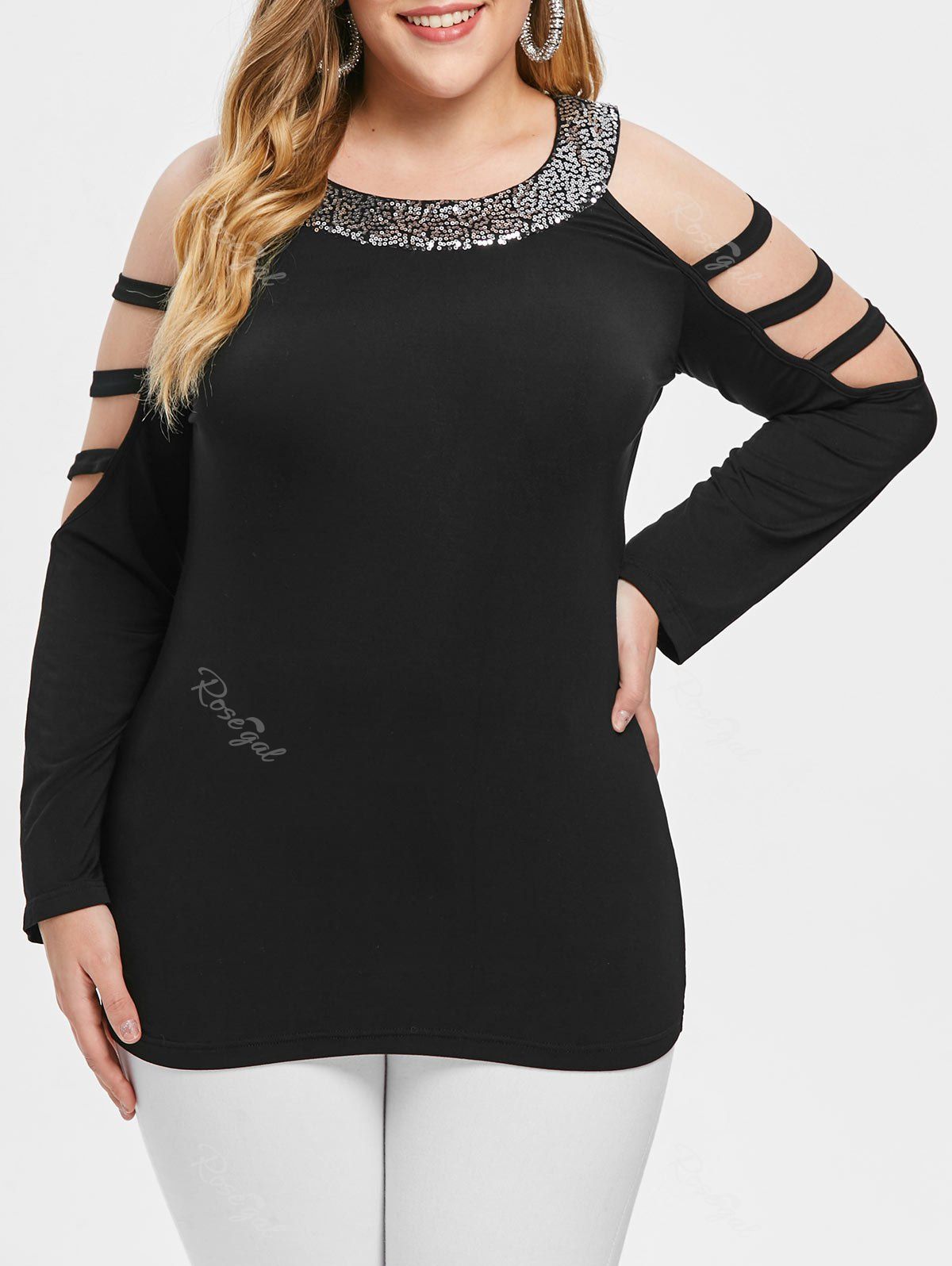 

Plus Size Ladder Cut Out Sequined T-shirt, Black