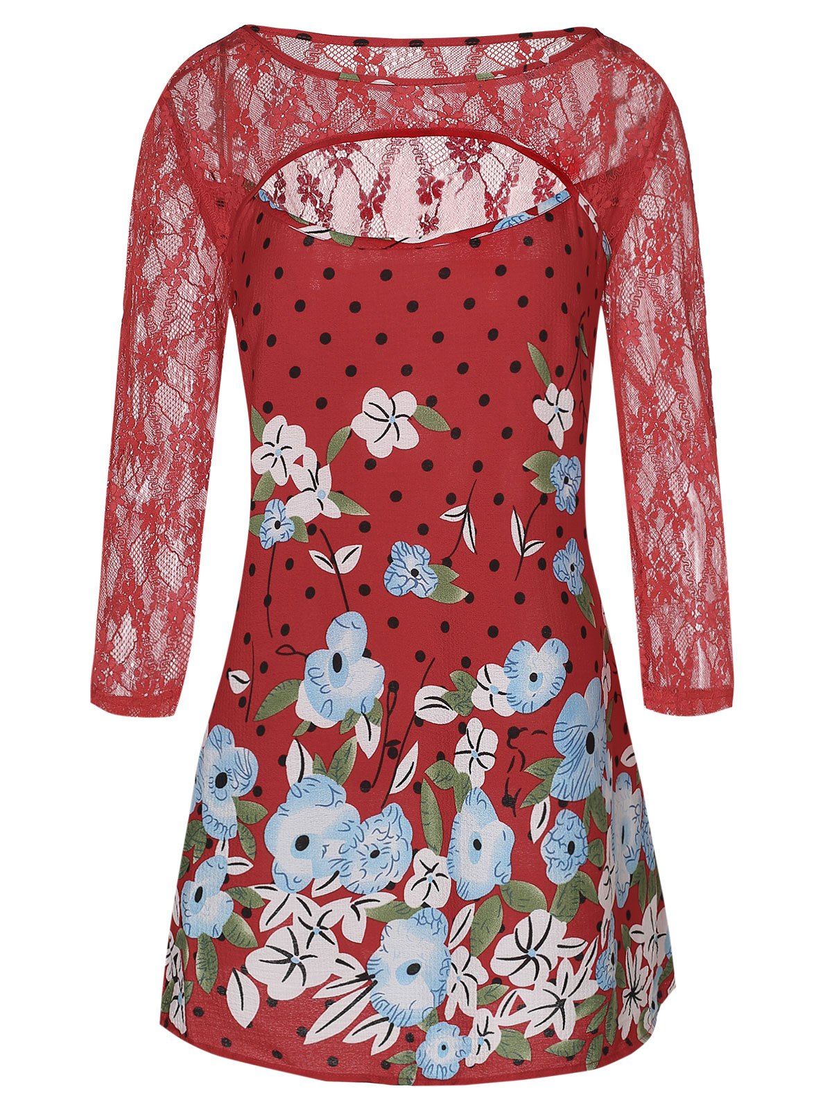 

Lace Insert Cut Out Floral Plus Size Blouse, Chestnut red