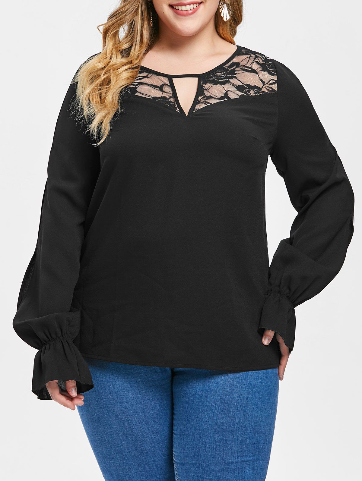 

Plus Size Keyhole Lace Panel Top, Black