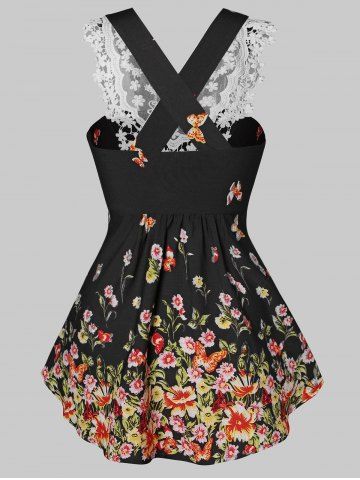 

Lace Applique Floral Print Plus Size Swing Tank Top, Black