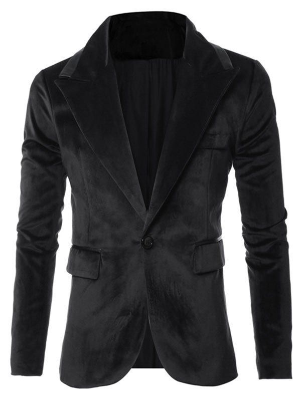 

Solid One Button Pocket Velvet Blazer, Black