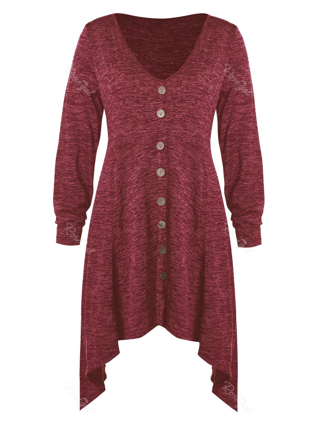 

Plus Size Buttons Asymmetrical Space Dyed T-shirt, Red wine