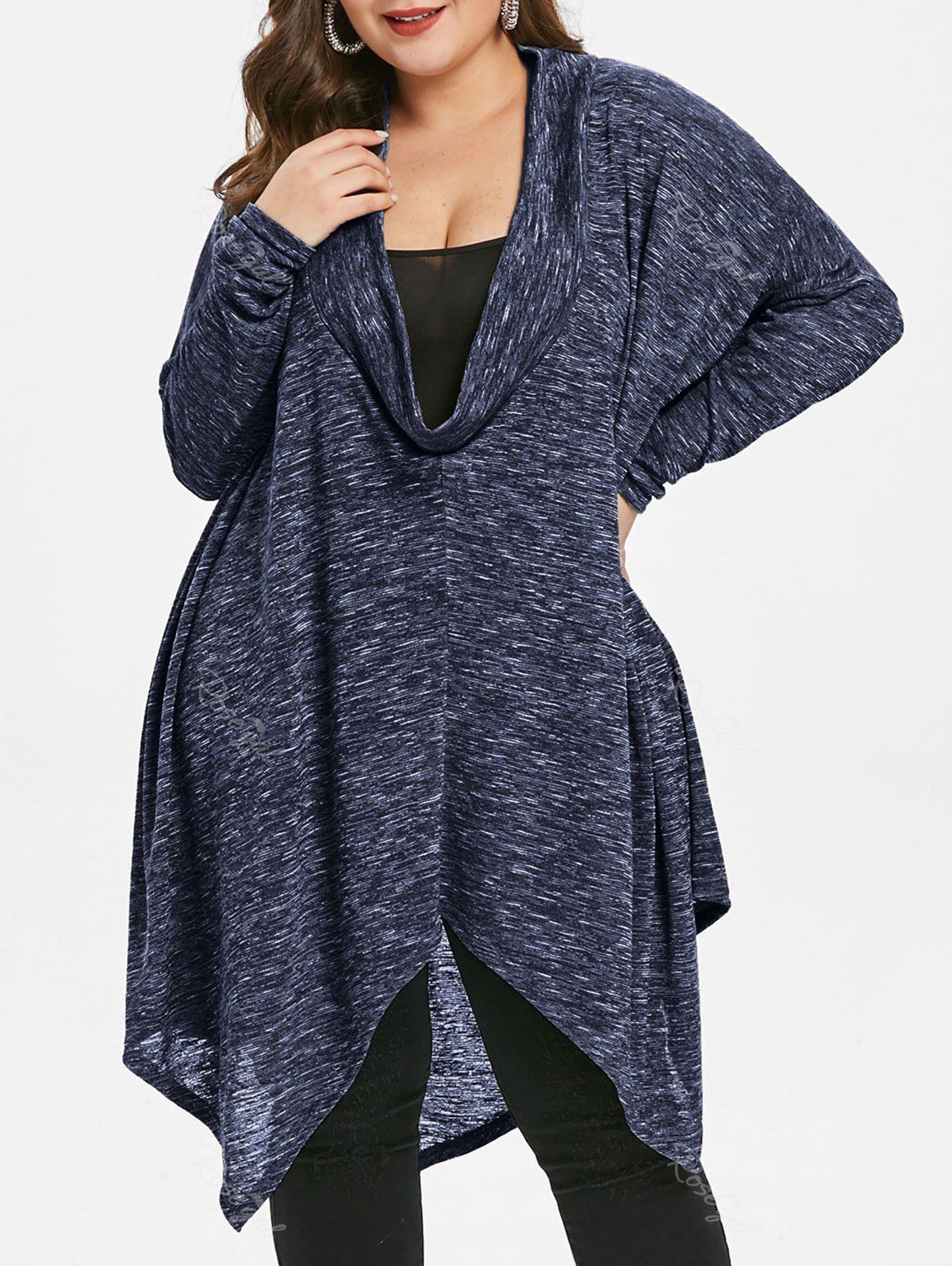 

Plus Size Cowl Neck Space Dyed Asymmetrical Top, Lapis blue