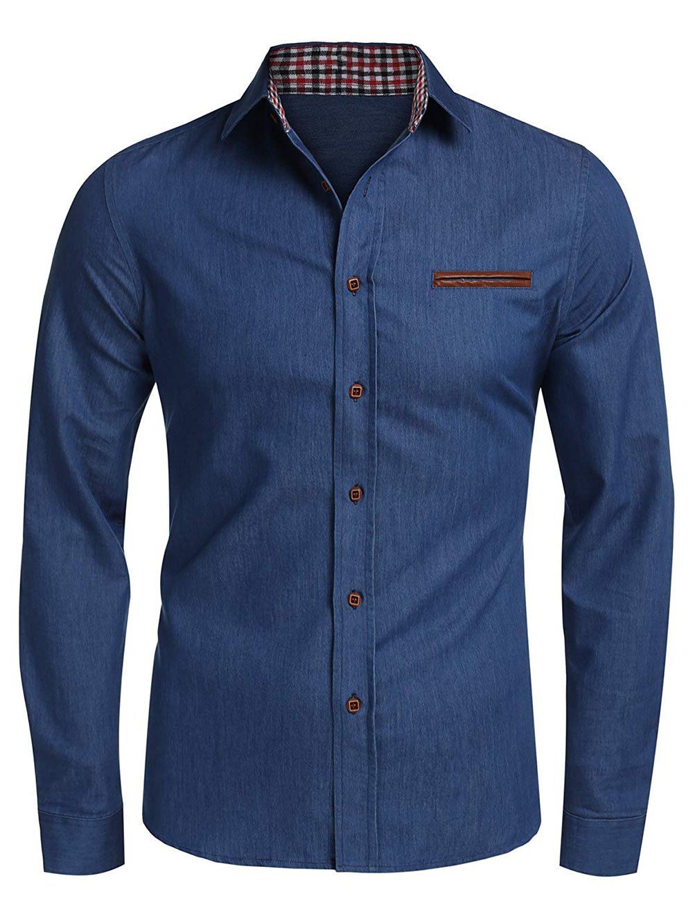 

Plaid Edge Button Up Casual Long Sleeve Shirt, Blue koi