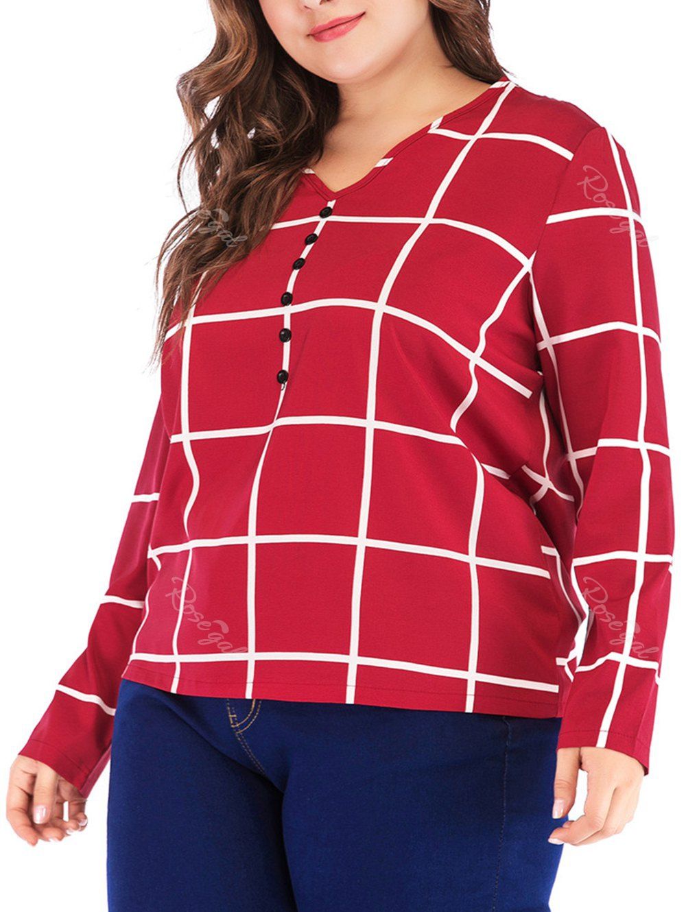 

Gingham Buttons Plus Size T-shirt, Lava red