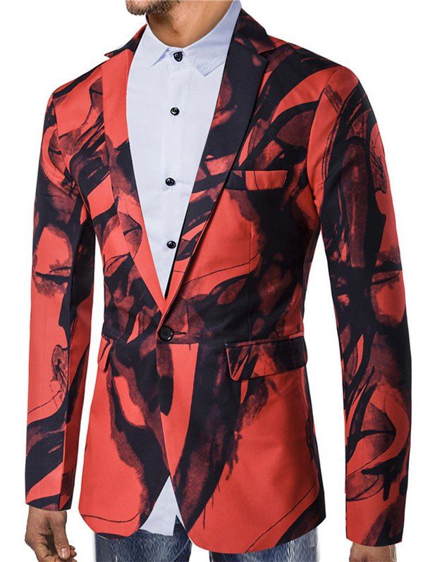 

Chinese Style Ink Painting Print One Button Pocket Blazer, Red