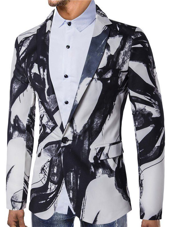 

Chinese Style Ink Painting Print One Button Pocket Blazer, White