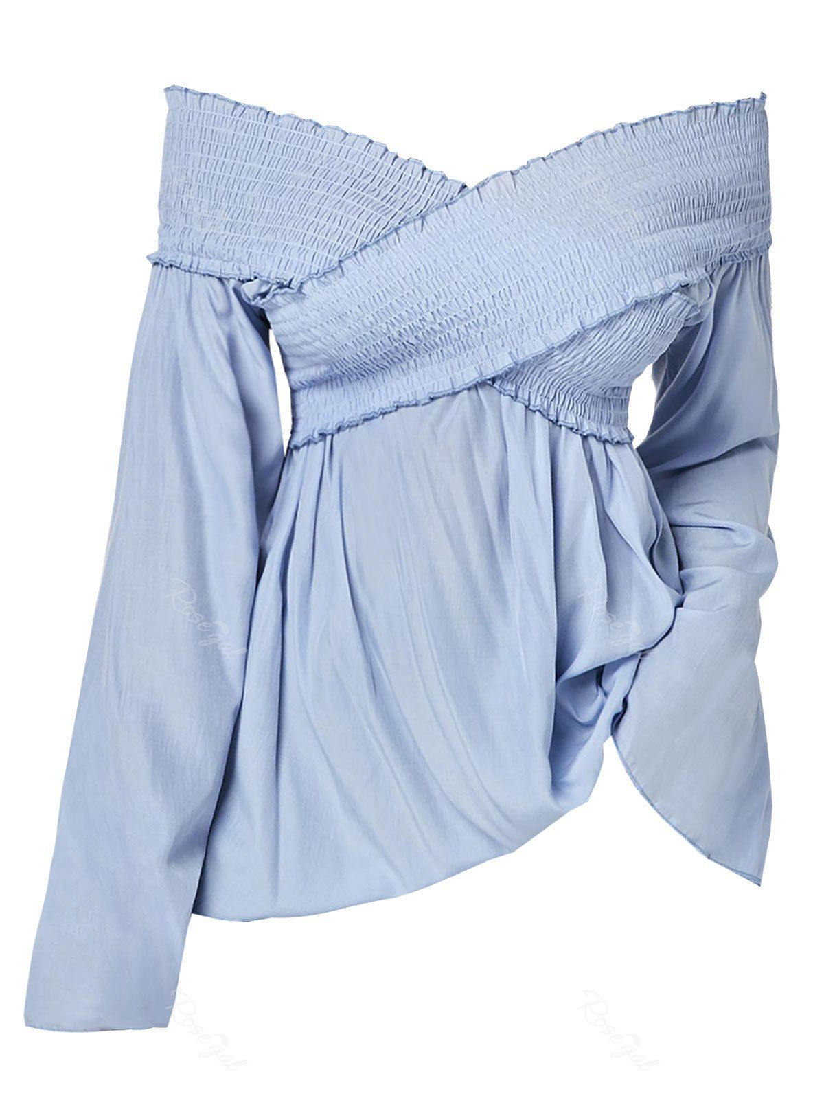 

Plus Size Smocked Criss Cross Top, Denim blue