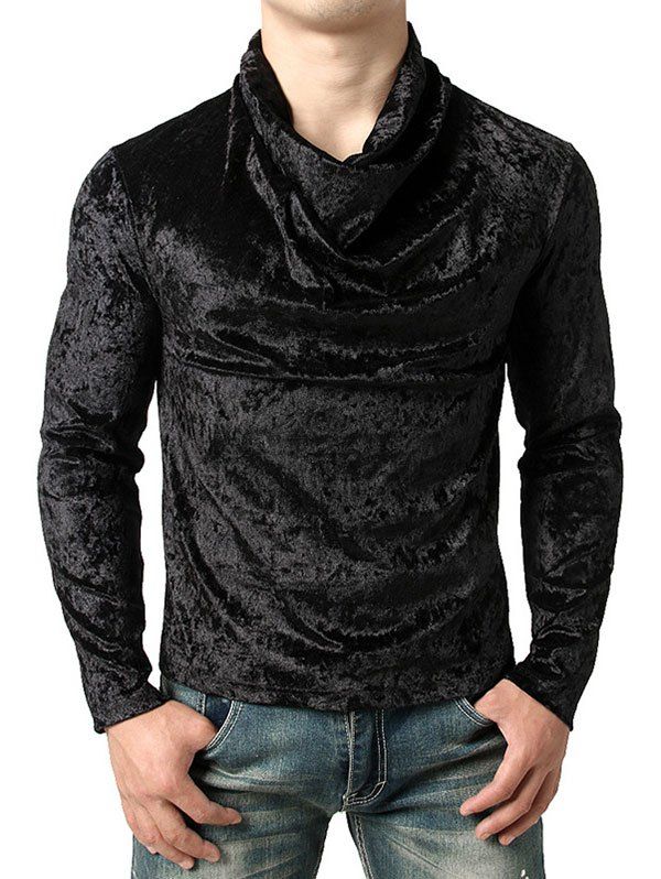 

Solid Turtleneck Velvet Long Sleeve T-shirt, Black