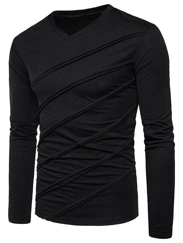 

Solid Seam Patchworek Long Sleeve T-shirt, Black