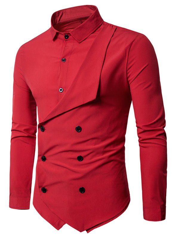 

Lapel Double Breasted Placket Patchwork Long Sleeve Shirt, Red