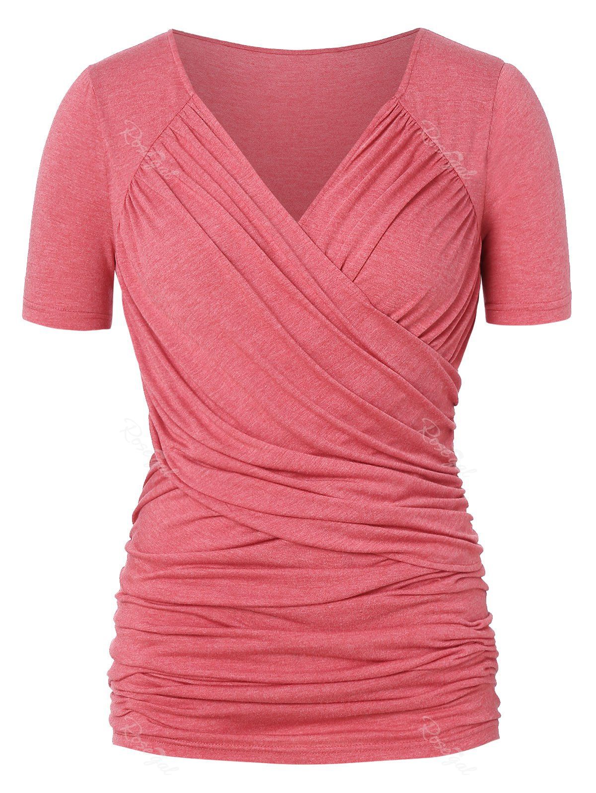 

Ruched Front Cross Plus Size T-shirt, Red wine