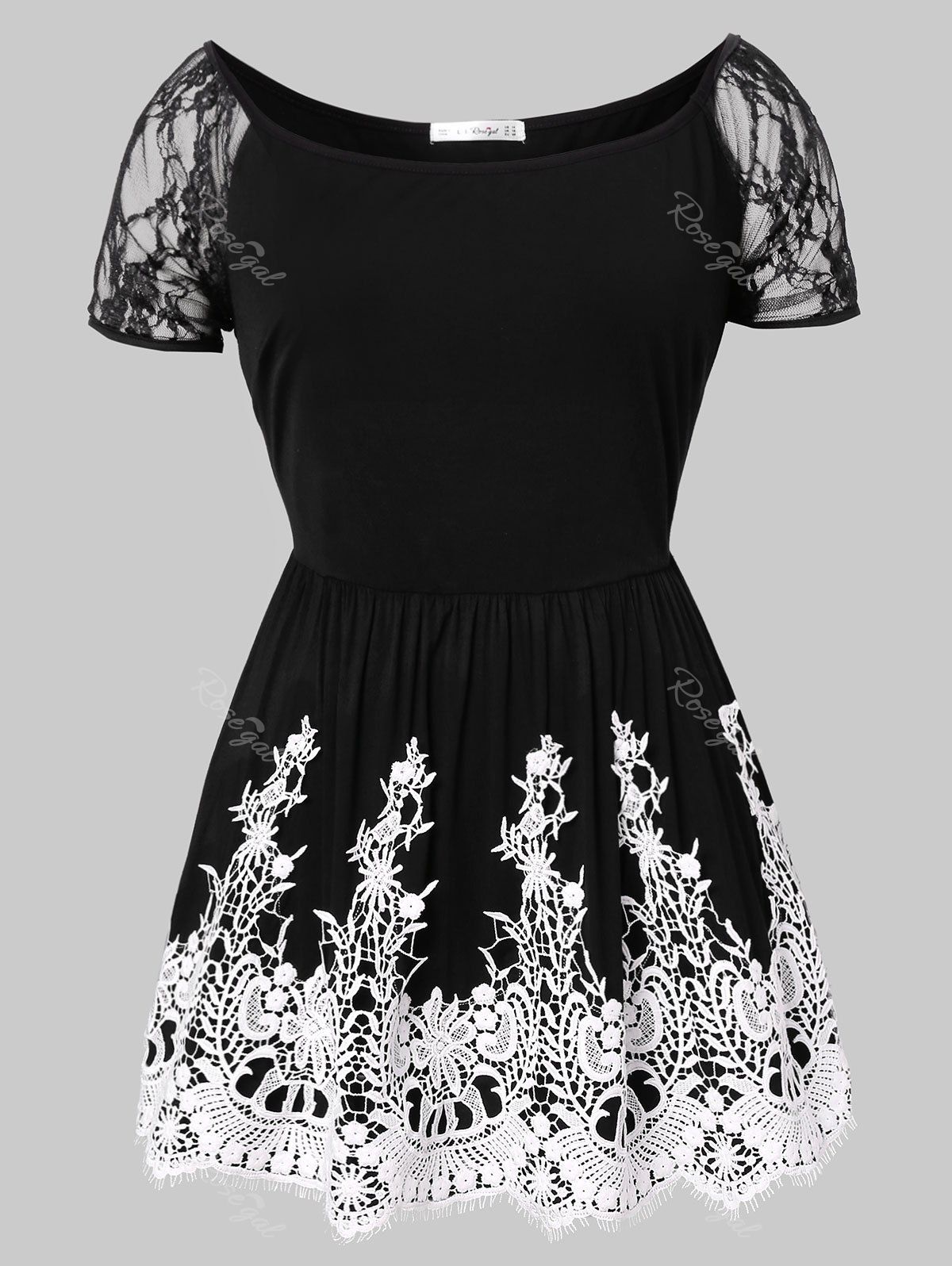 

Plus Size Eyelash Lace Panel Round Neck T-shirt, Black
