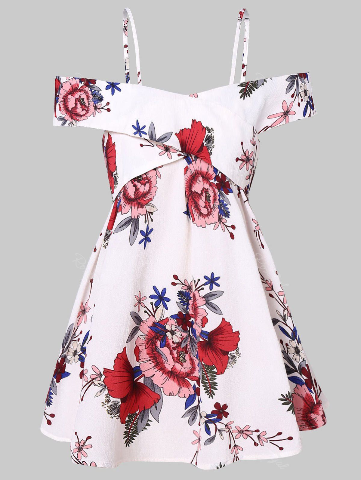 

Plus Size Cold Shoulder Front Cross Floral Blouse, White