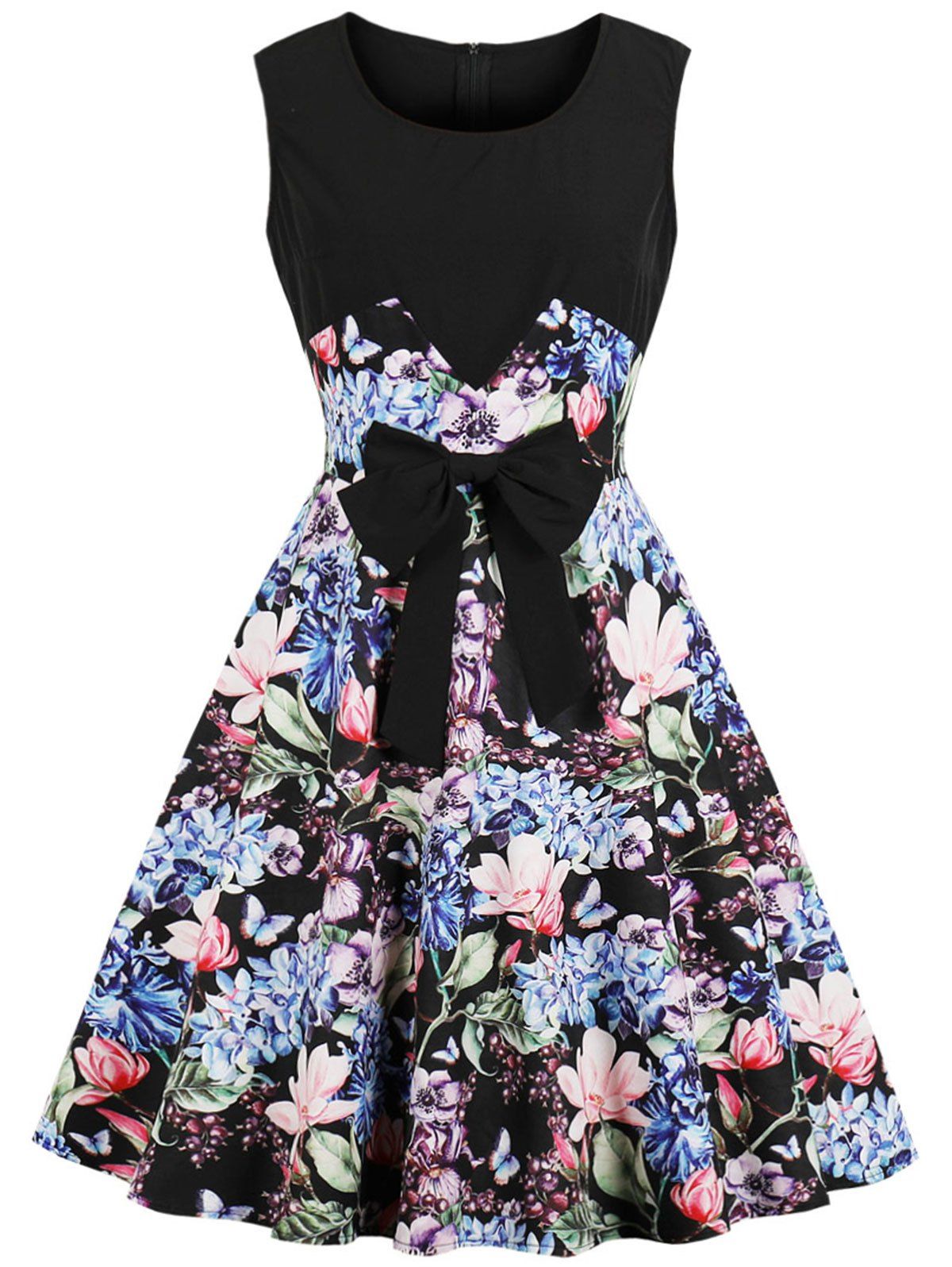 

Vintage Sleeveless Bowknot Floral Print Pin Up Dress, Black