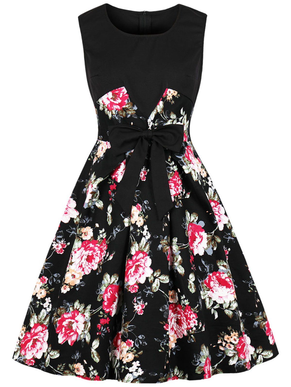 

Vintage Floral Bowknot Flare Dress, Black