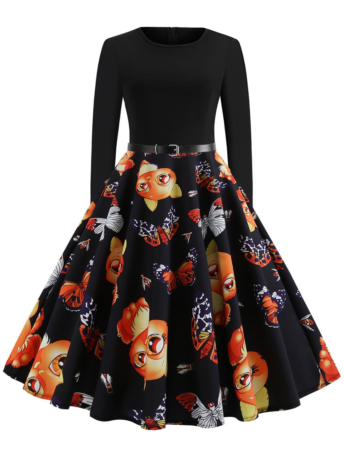 

Round Neck Animal Print Flare Dress, Black
