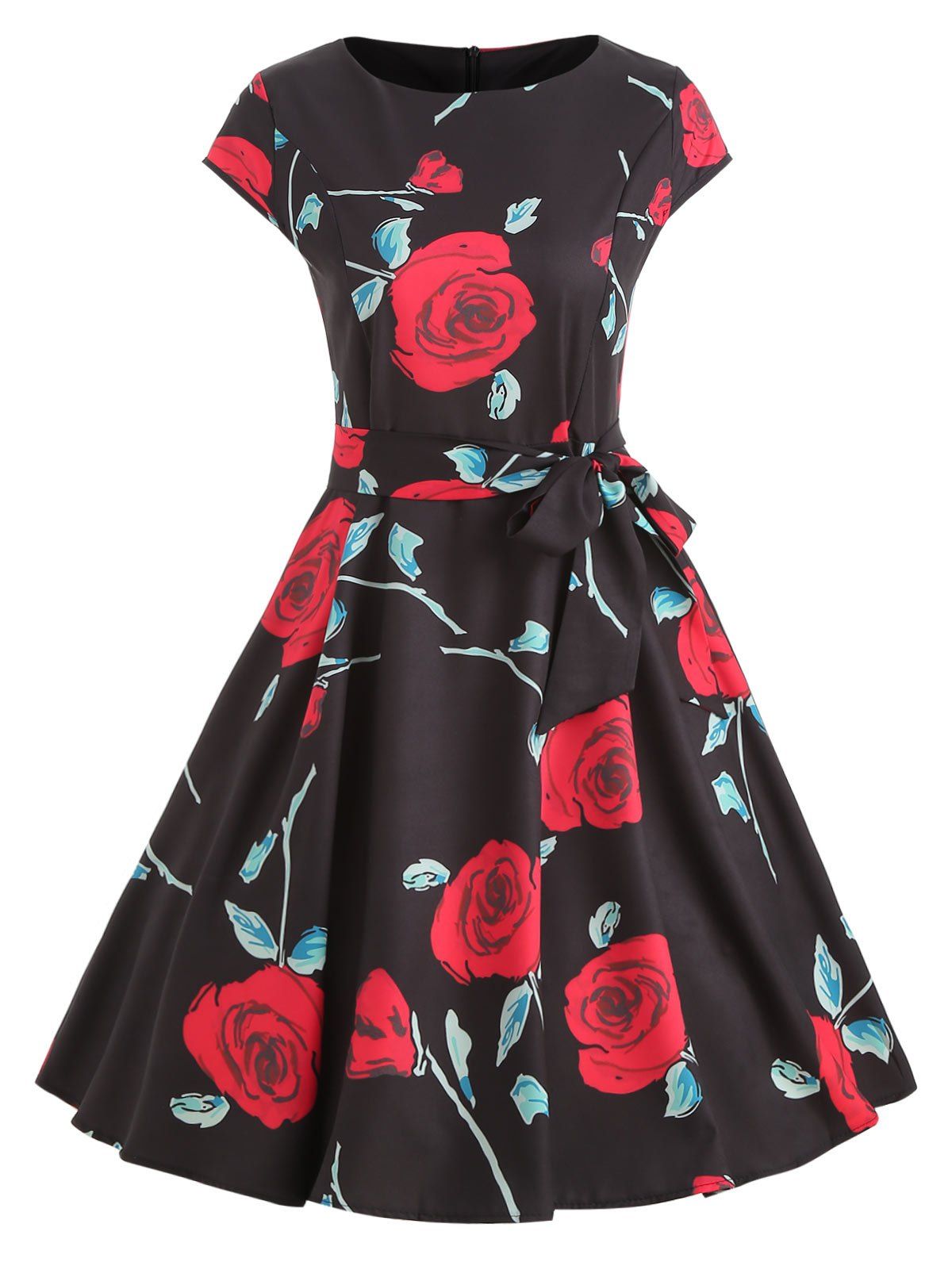

Rose Print Cap Sleeve Belted Dress, Multi